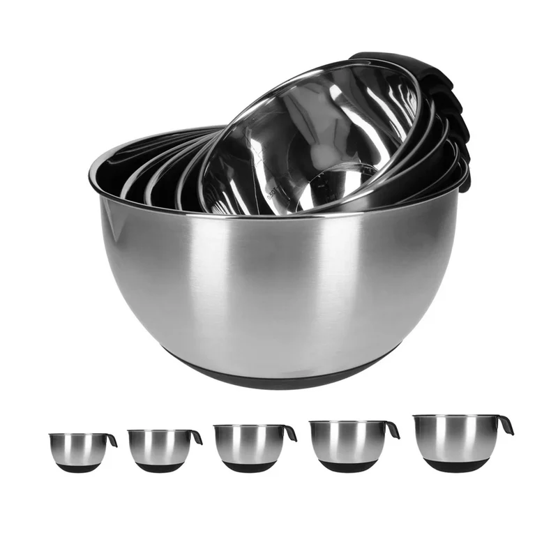 TP Edelstahl Schüssel-Set mit Griff, inkl. Deckel, Skala und 4 Einsätzen zum Gemüsereiben 15-teilig