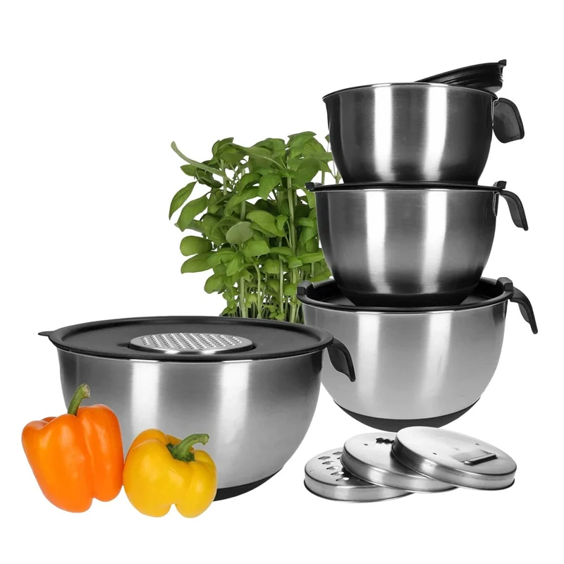 TP Edelstahl Schüssel-Set mit Griff, inkl. Deckel, Skala und 4 Einsätzen zum Gemüsereiben 13-teilig