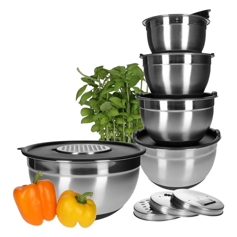 TP Edelstahl Schüssel-Set inkl. Deckel, Skala, und 4 Einsätzen zum Gemüsereiben 15-teilig