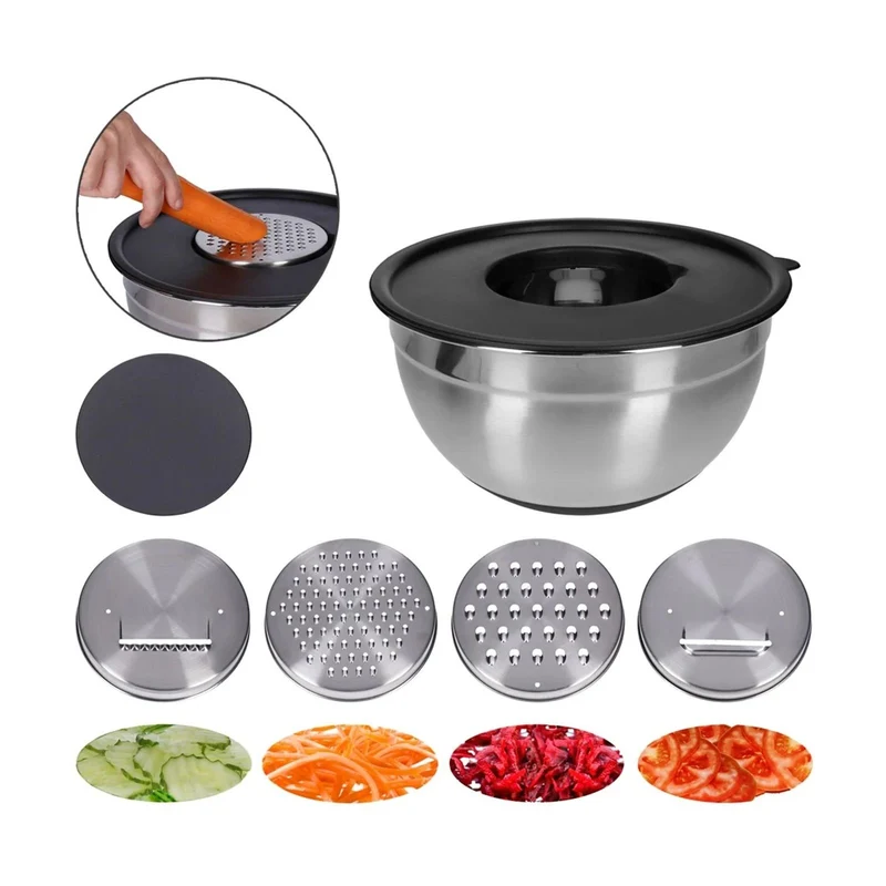 TP Edelstahl Schüssel-Set inkl. Deckel, Skala, und 4 Einsätzen zum Gemüsereiben 13-teilig