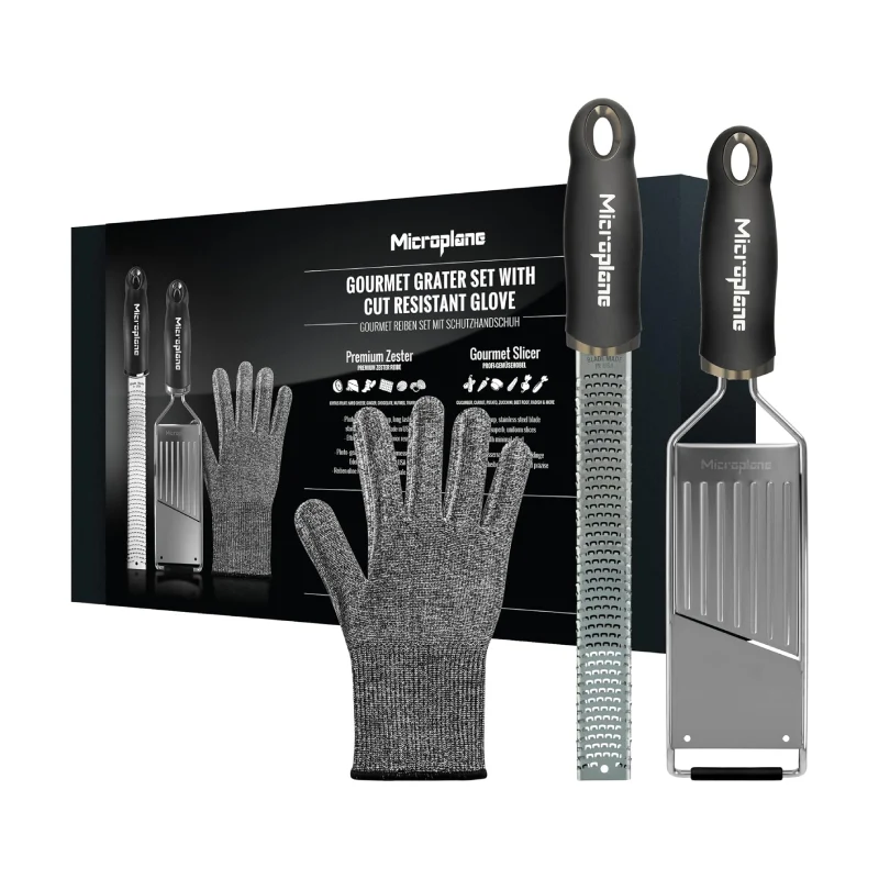 Microplane Set 3 Pezzi Gourmet Grattugia Mandolina e Guanto Protettivo