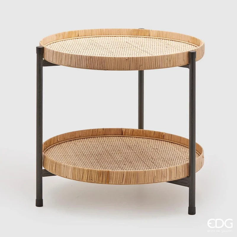 EDG Enzo De Gasperi Tavolo Rotondo 2 Ripiani in Rattan H52