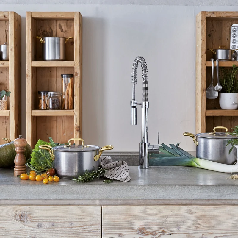 Sambonet Batteria di Pentole 7 Pezzi 1965 Vintage Acciaio inox e Ottone