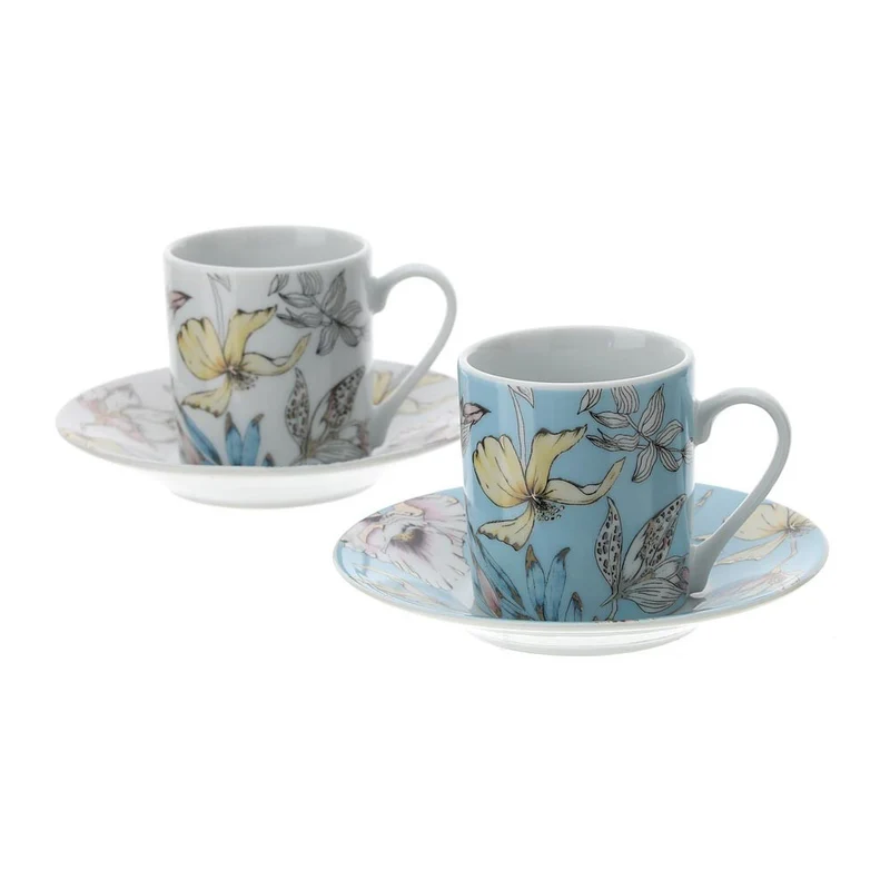 Hervit Box 2 Tazzine Caffè Floreali Bianco e Turchese 9x5 cm