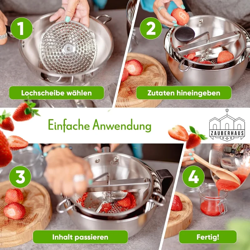 Zauberhaus Passiermühle aus Edelstahl inkl. Schüssel, 3 Siebe & Abstreifer