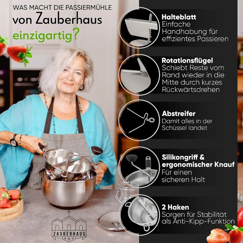 Zauberhaus Passiermühle aus Edelstahl inkl. 2 Trichter, 3 Siebe & Abstreifer