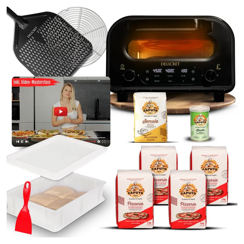 DELICRET elektrischer Pizzaofen 12” mit Pizzaschieber & Pizzateig Starter Kit