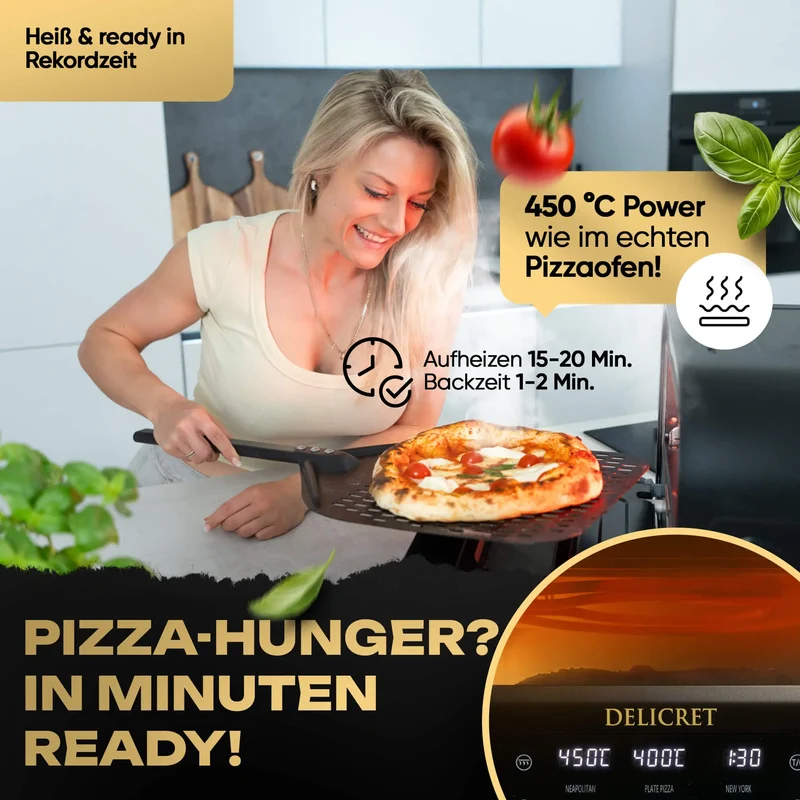 DELICRET elektrischer Pizzaofen 12” mit Pizzaschieber & Pizzateig Starter Kit