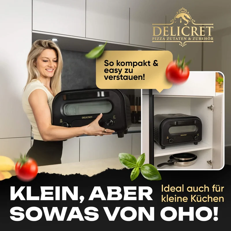 DELICRET elektrischer Pizzaofen 12” mit Pizzaschieber & Pizzateig Starter Kit