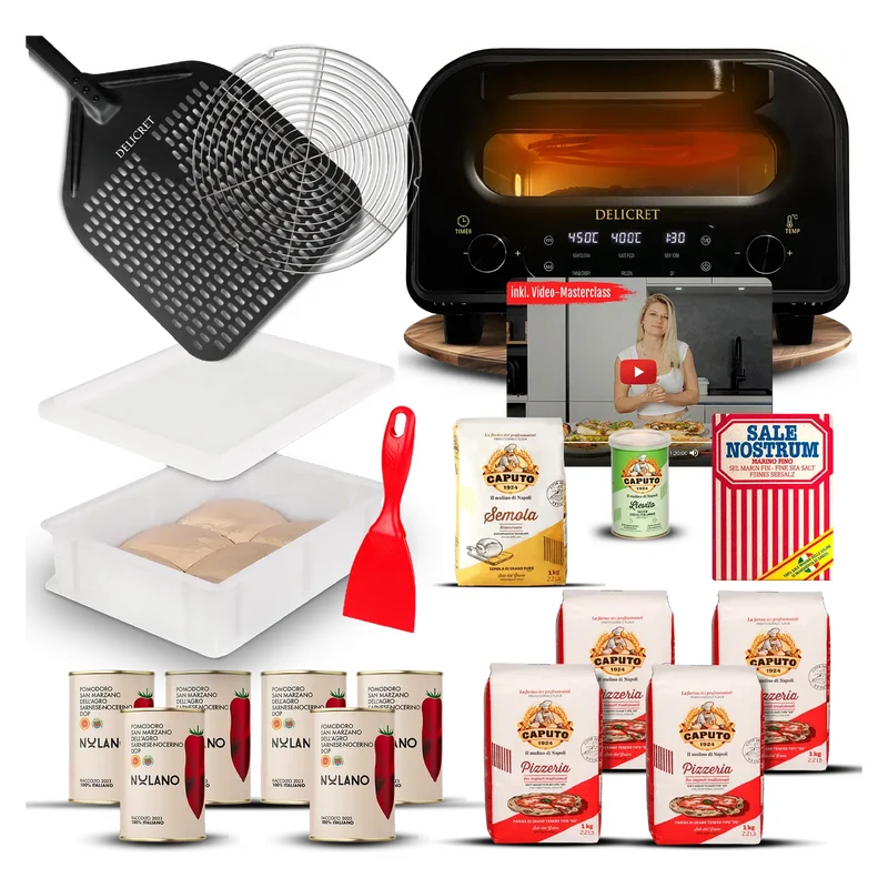 DELICRET elektrischer Pizzaofen 12” mit Pizzaschieber & Pizzateig Deluxe Kit mit San Marzano Tomaten