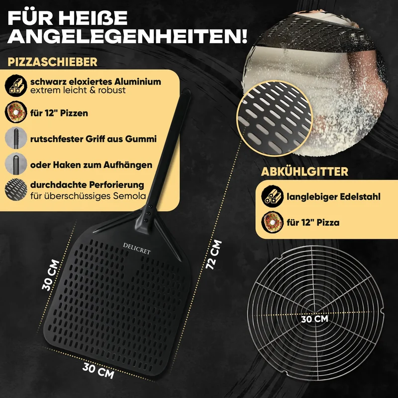 DELICRET elektrischer Pizzaofen 12” mit Pizzaschieber & Pizzateig Deluxe Kit mit San Marzano Tomaten