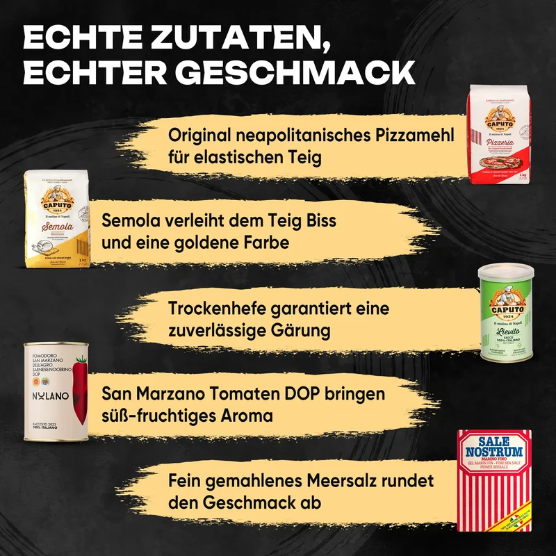 DELICRET elektrischer Pizzaofen 12” mit Pizzaschieber & Pizzateig Deluxe Kit mit San Marzano Tomaten