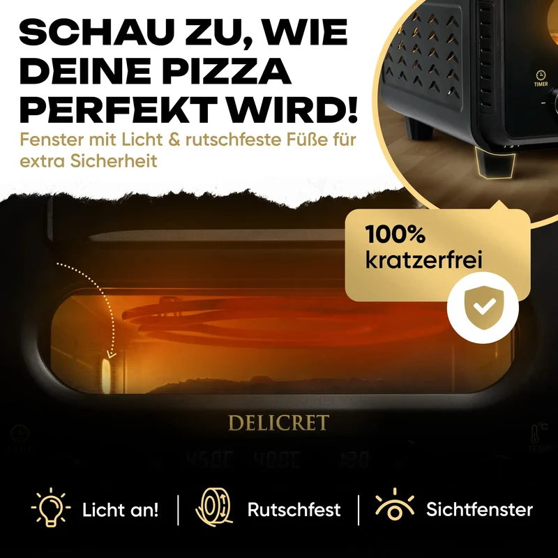 DELICRET elektrischer Pizzaofen 12” mit Pizzaschieber & Pizzateig Deluxe Kit mit San Marzano Tomaten