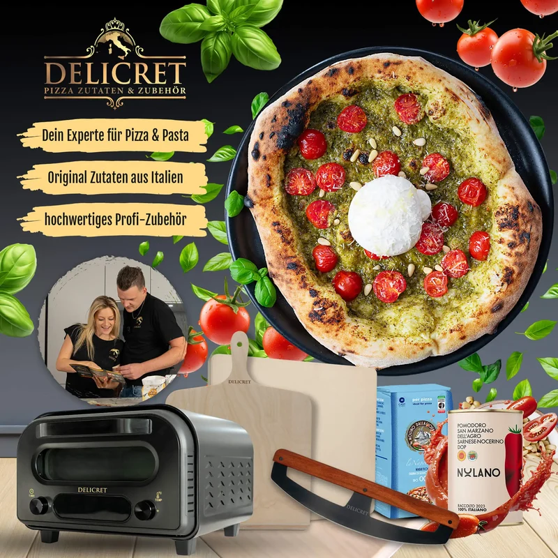 DELICRET Pizza Bundle Deluxe mit Pizzastein, Zubehör und Zutaten