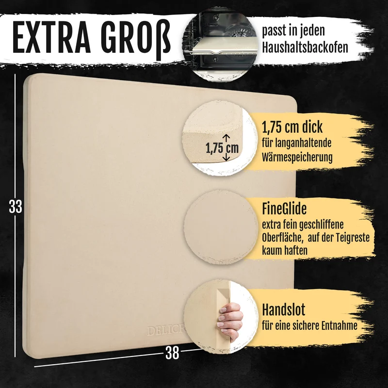 DELICRET - Pizzastein extra Groß 33x38cm – passend in jeden Haushaltsbackofen