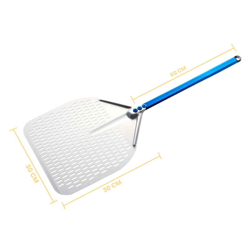 Gi Metal - Azzurra Pizzaschieber perforiert | Ø 30 cm | Stiel 60 cm | eckig