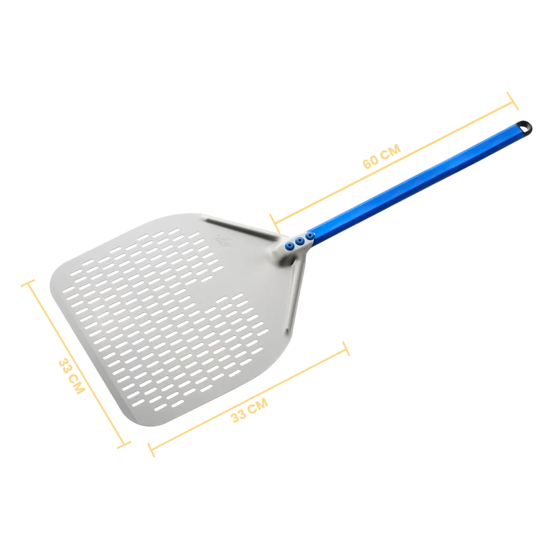 Gi Metal - Azzurra Pizzaschieber perforiert | Ø 33 cm | Stiel 60 cm | eckig