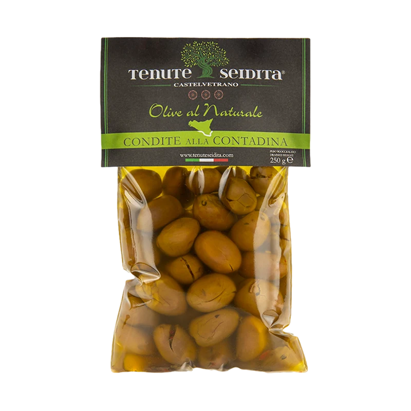Tenute Seidita - 250g - Grüne Oliven gewürzt nach bäuerlicher Art mit Chili, Knoblauch, Oregano, Fenchel