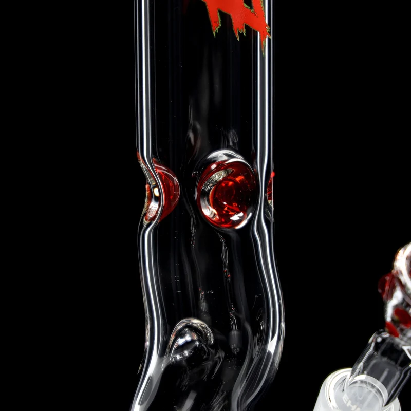 Red Series Bong #7 Zylinder 5mm EMOTION (45cm), NS 18,; Rundfuss: einfarbig Rot; Mundstück: Kronenmundstück Rot-Grün; Eiskerben: einfarbig Rot; Loo: Sonderlogo Rot-Grün