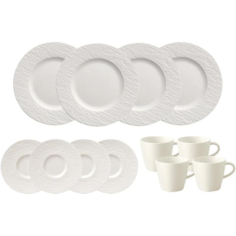Villeroy & Boch Kaffeeservice Manufacture Rock Blanc, Kaffeegeschirr für 4 Personen, Kaffeetasse 150 ml/Kaffeeuntertasse ø 15,4 cm/Frühstücksteller ø 22 cm, Premium Porzellan, Weiß