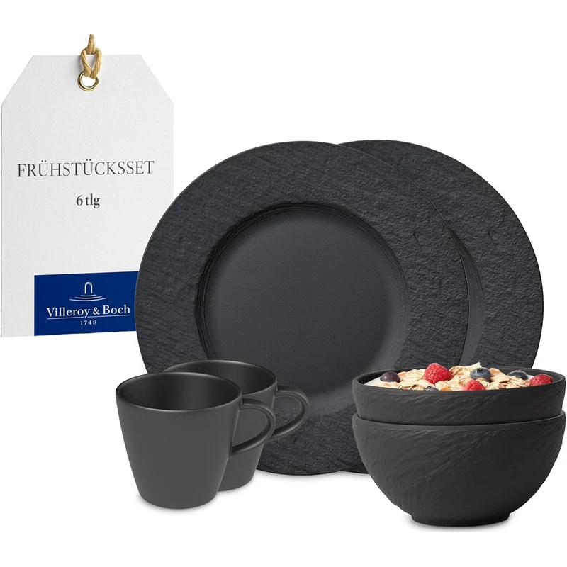 Villeroy & Boch - Manufacture Rock Frühstücks-Set, 6 tlg., Geschirr Set für 2 Personen, Premium Porzellan, Schwarz