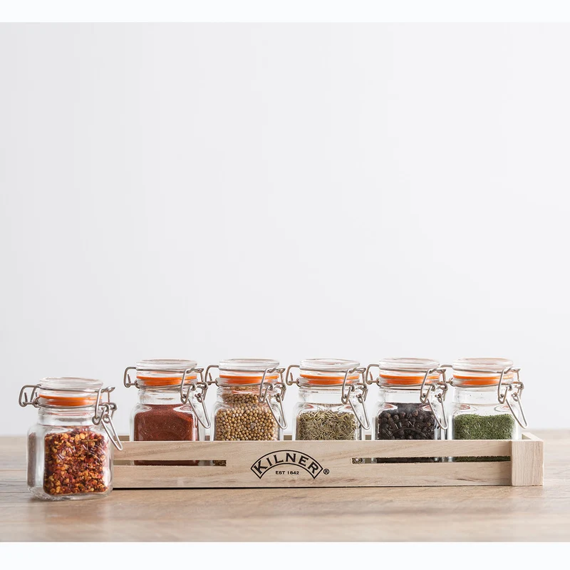 KILNER 6 Gewürzgläser im Holzkasten, Länge 33 cm