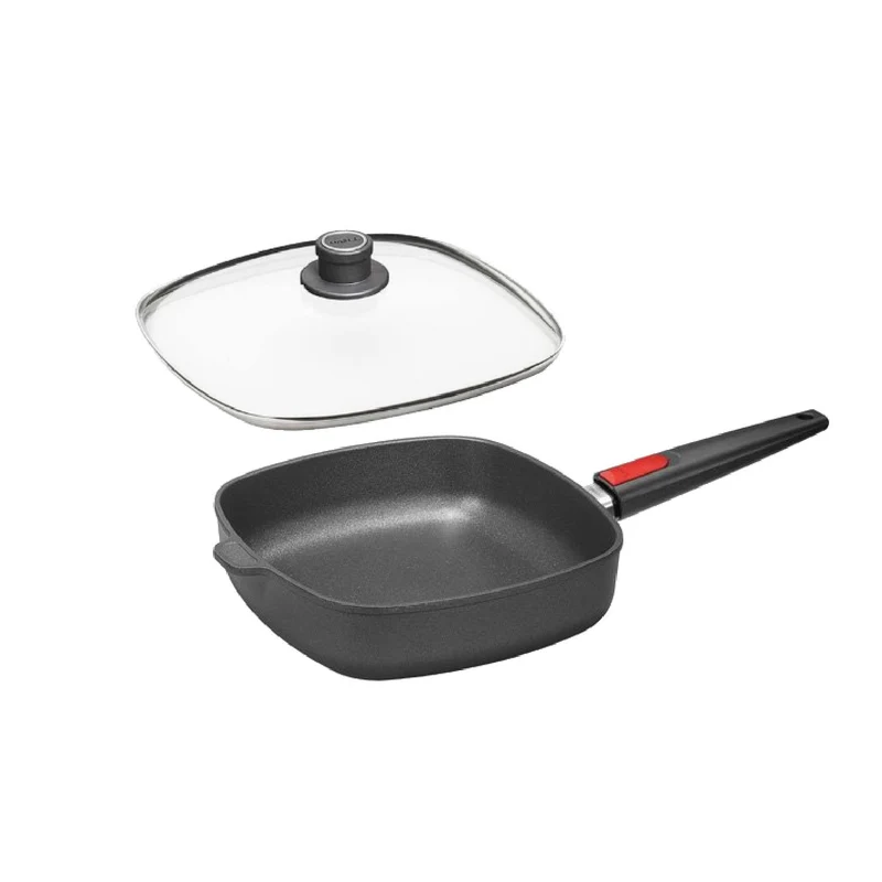 Woll, Nowo-Titanium INDUKTION-SET bestehend aus Viereckpfanne, 6,5cm hoch, 26x26cm, abnehmbarer Stiel, inkl. passenden Sicherheitsglasdeckel in attraktiver Gesc
